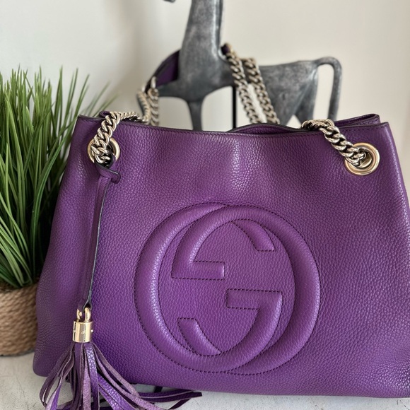Gucci Soho Purple Pebbled Leather Shoulder Bag with Tassel and Chain Straps - Picture 10 of 11